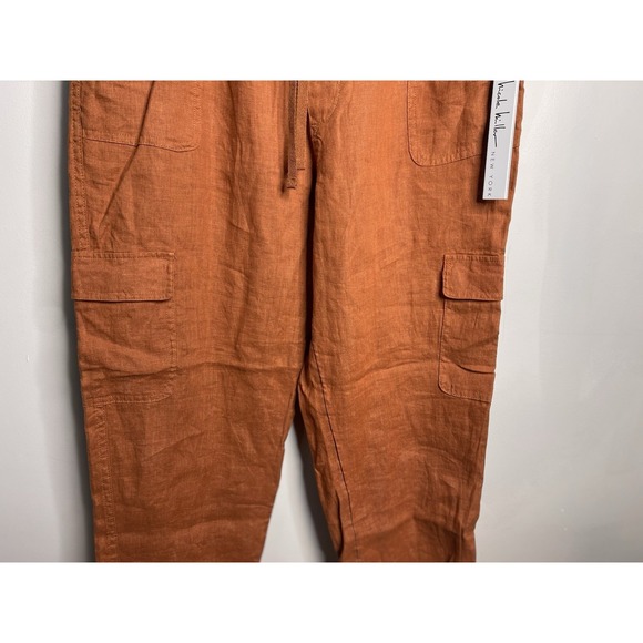 NWT Nicole Miller Rust 100% Linen Lyocell Cargo High Waist Pants Women's Sz L - Picture 2 of 7